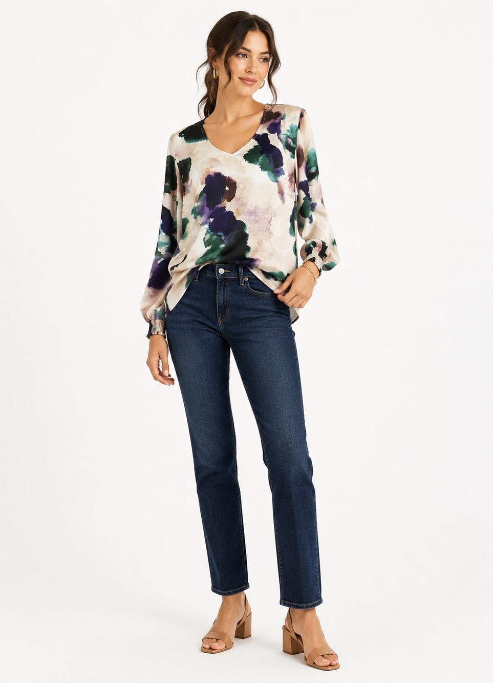 Cabi Mystic Aurora Watercolor Floral V Neck Puff Sleeve Boho Blouse M